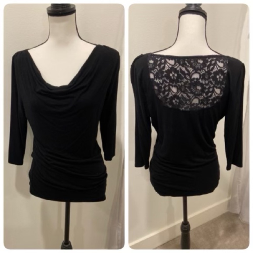 WHBM black draped scoop neck, lace-backed shirt